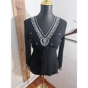 Silkland Black Silk Beaded V Neck Sheer Sleeve Boho Blouse Small